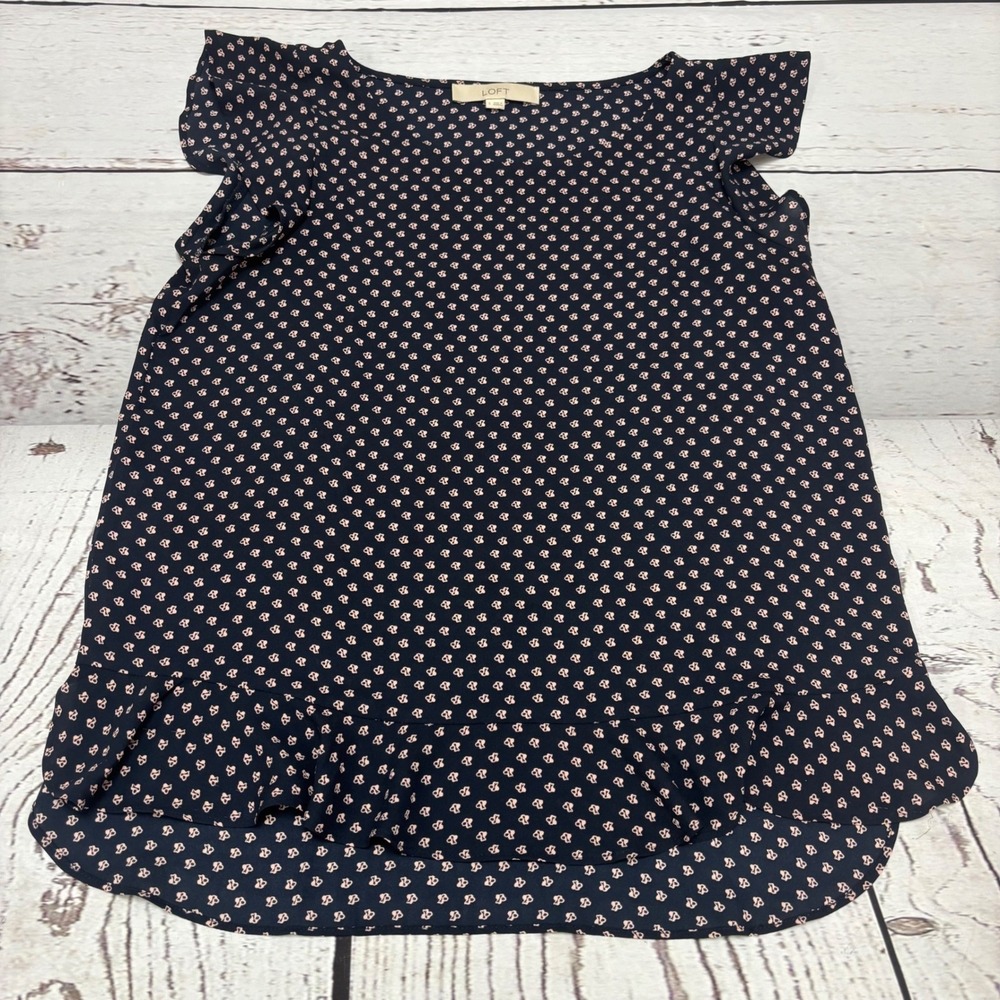 LOFT Ann‎ Taylor Navy Pink Floral Print Flutter Sleeve Blouse Top Small